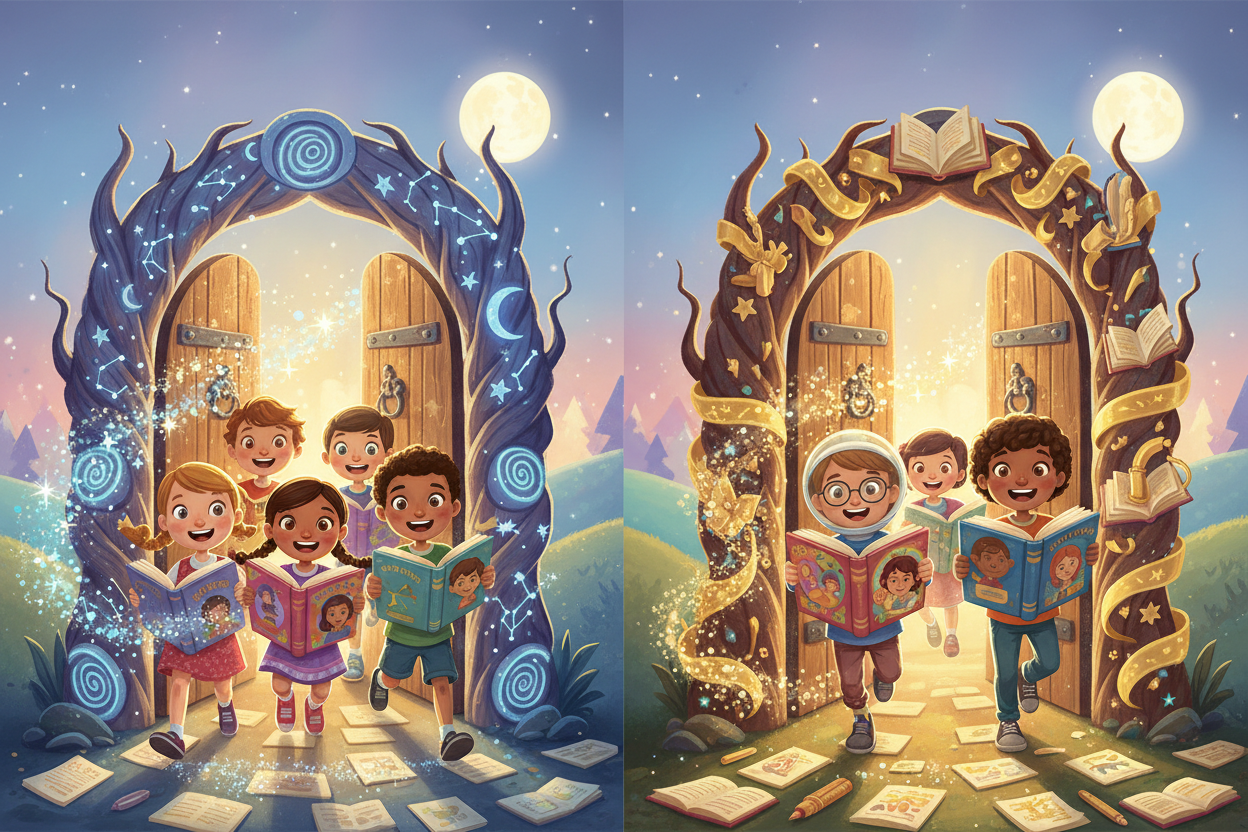 DOOR WHERE KIDS ENTER AND PERSONALIZED STORYBOOK WITH THEIR FACE ON THE COVER EXIT