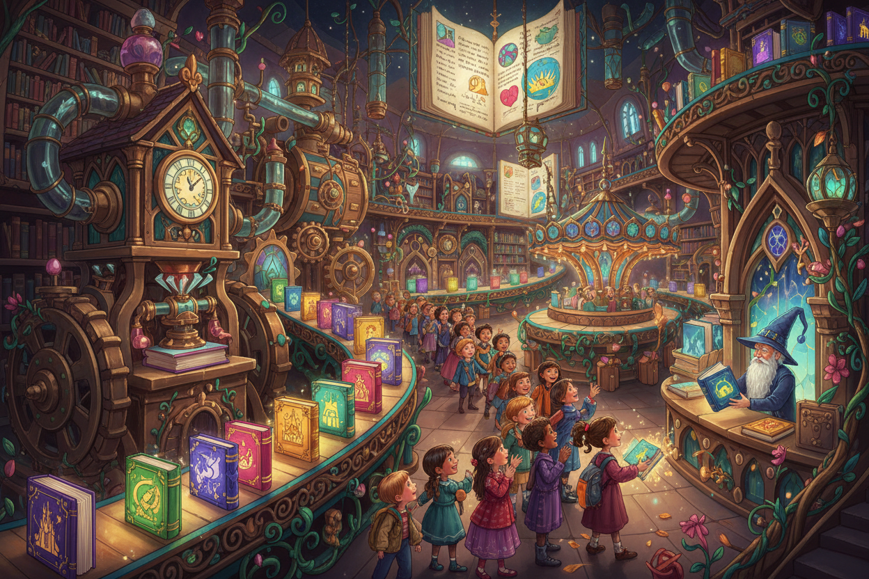 MAGIC FACTORY FOR STORYBOOKS, KIDS WAITING THEIR TURN TO TAKE A STORYBOOK